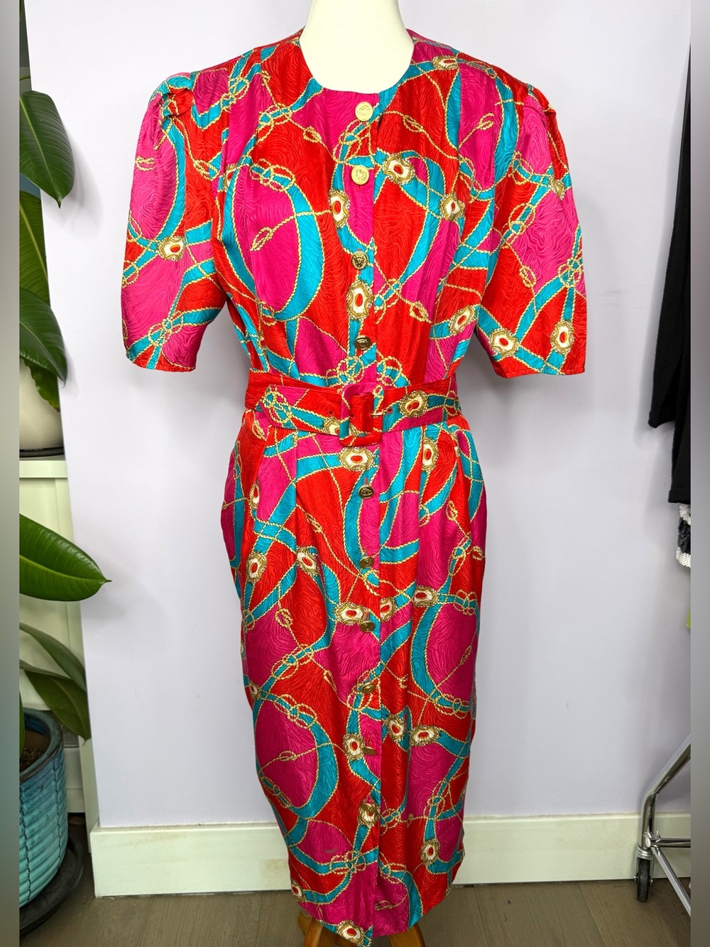 Adrianna Papell Vintage Red & Pink Silk Dress with Blue & Gold Chain Print